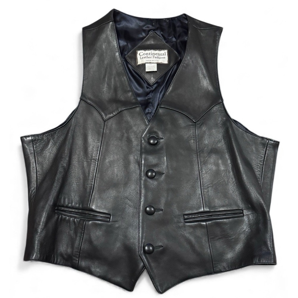 Vintage Continental Leather Fashions Black Leather Vest‎ Made USA Size 46